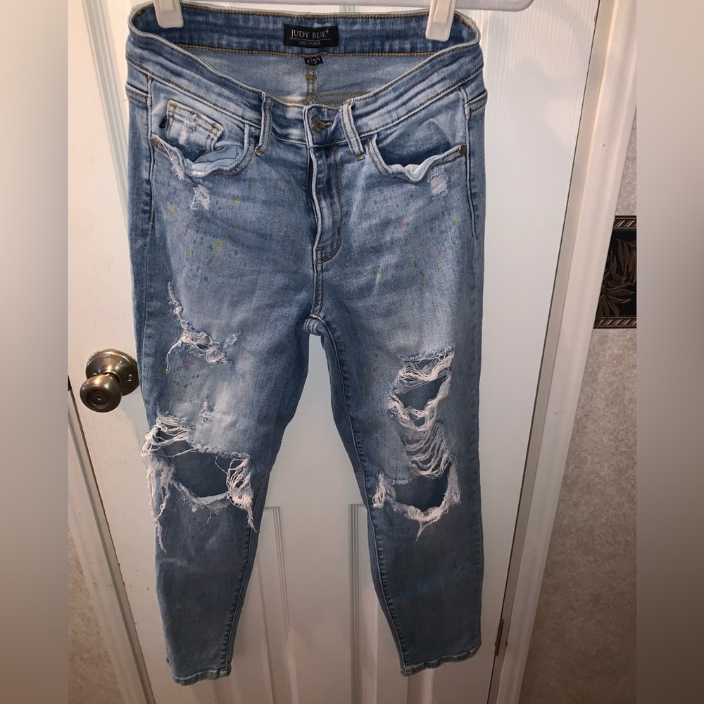 Judy Blue Distressed medium wash Women's Jeans with confetti paint splatter